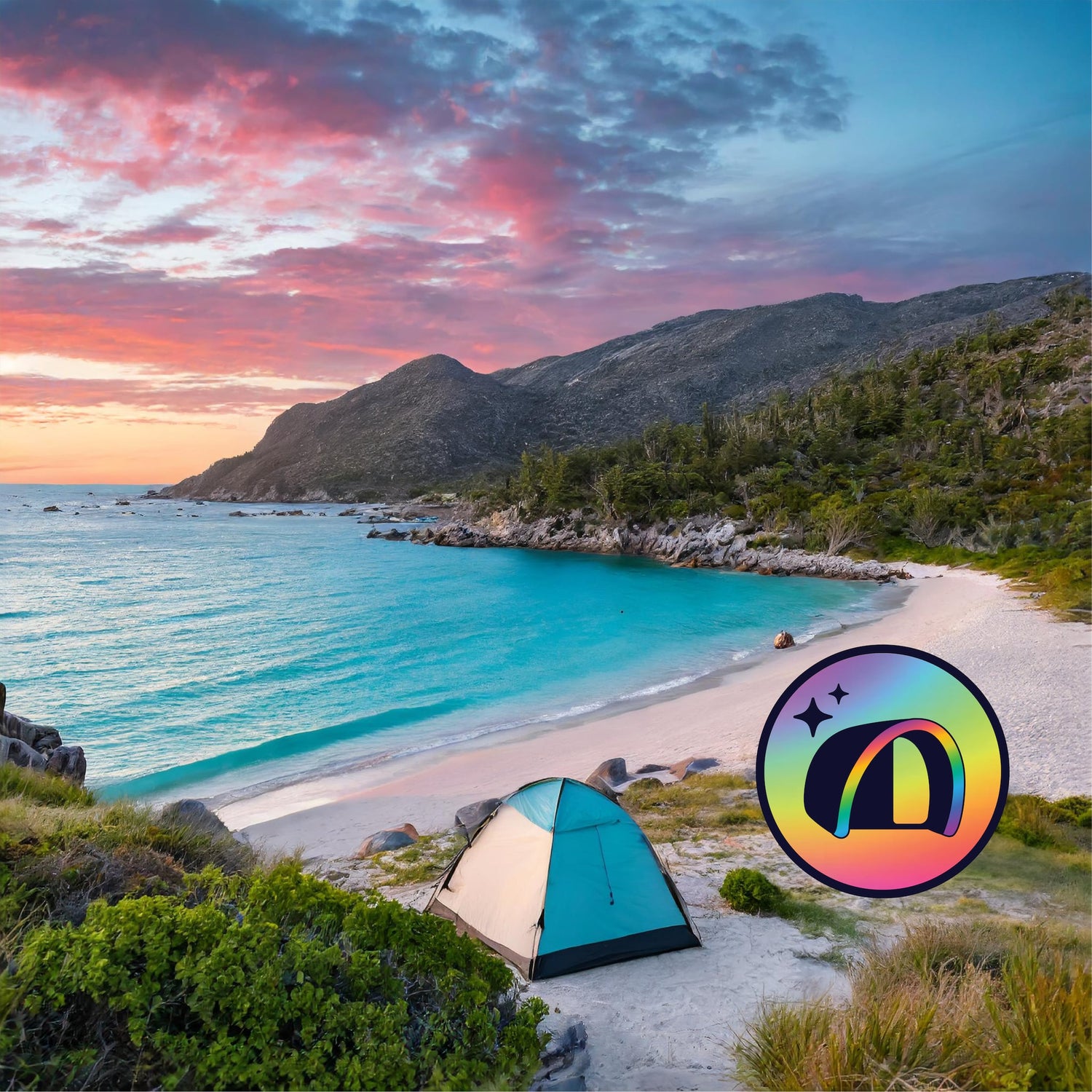 Tropical beach image with blue water, white sand, old style tent and Good inTents Circle Logo