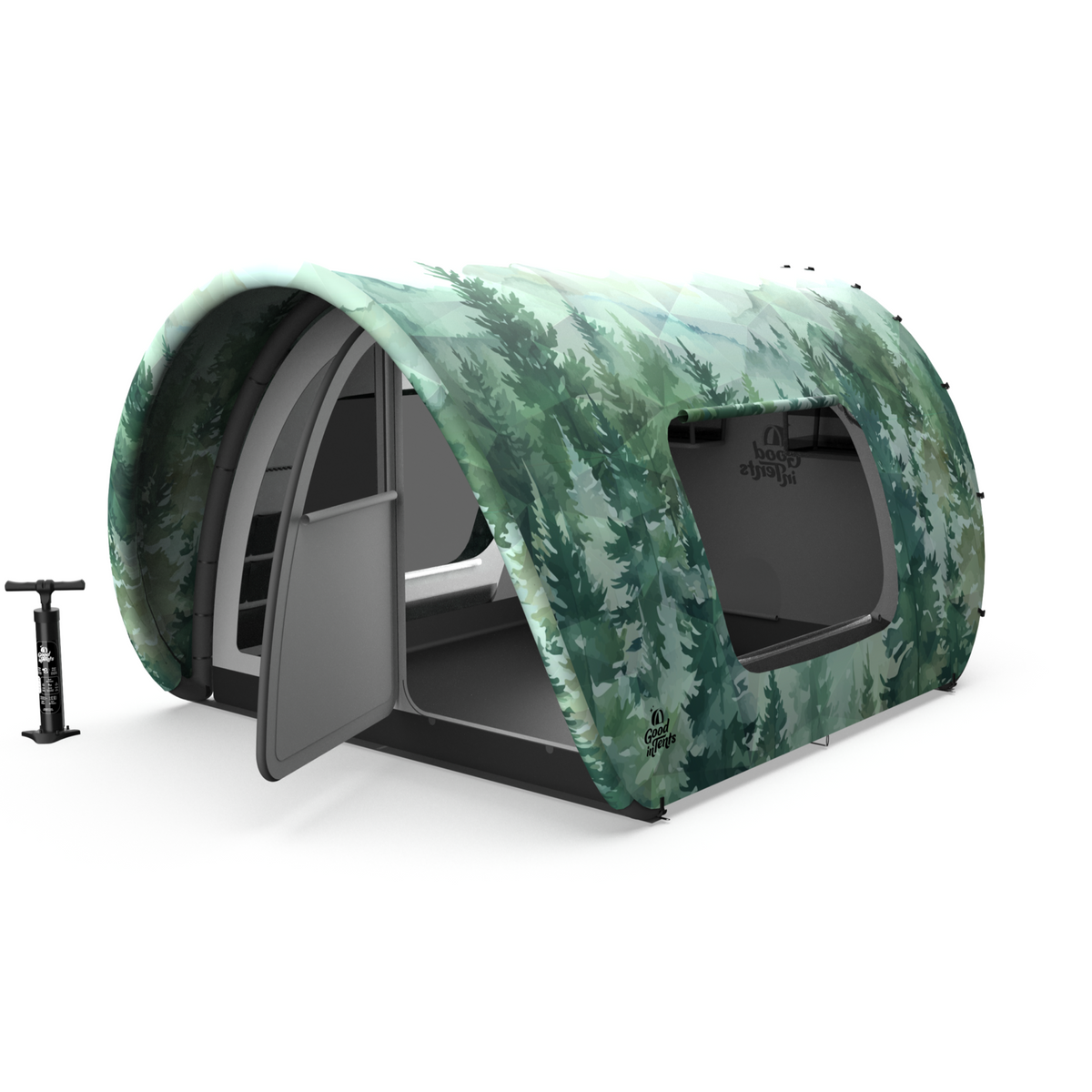 A Forest fine-art canopy OmegaTent inflatable glamping tent in pine and morning green, shown open with the manual pump