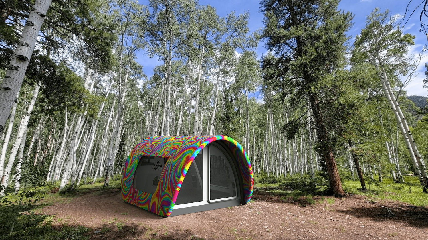 Rainbow Connection Tent in a forest background with birch trees
