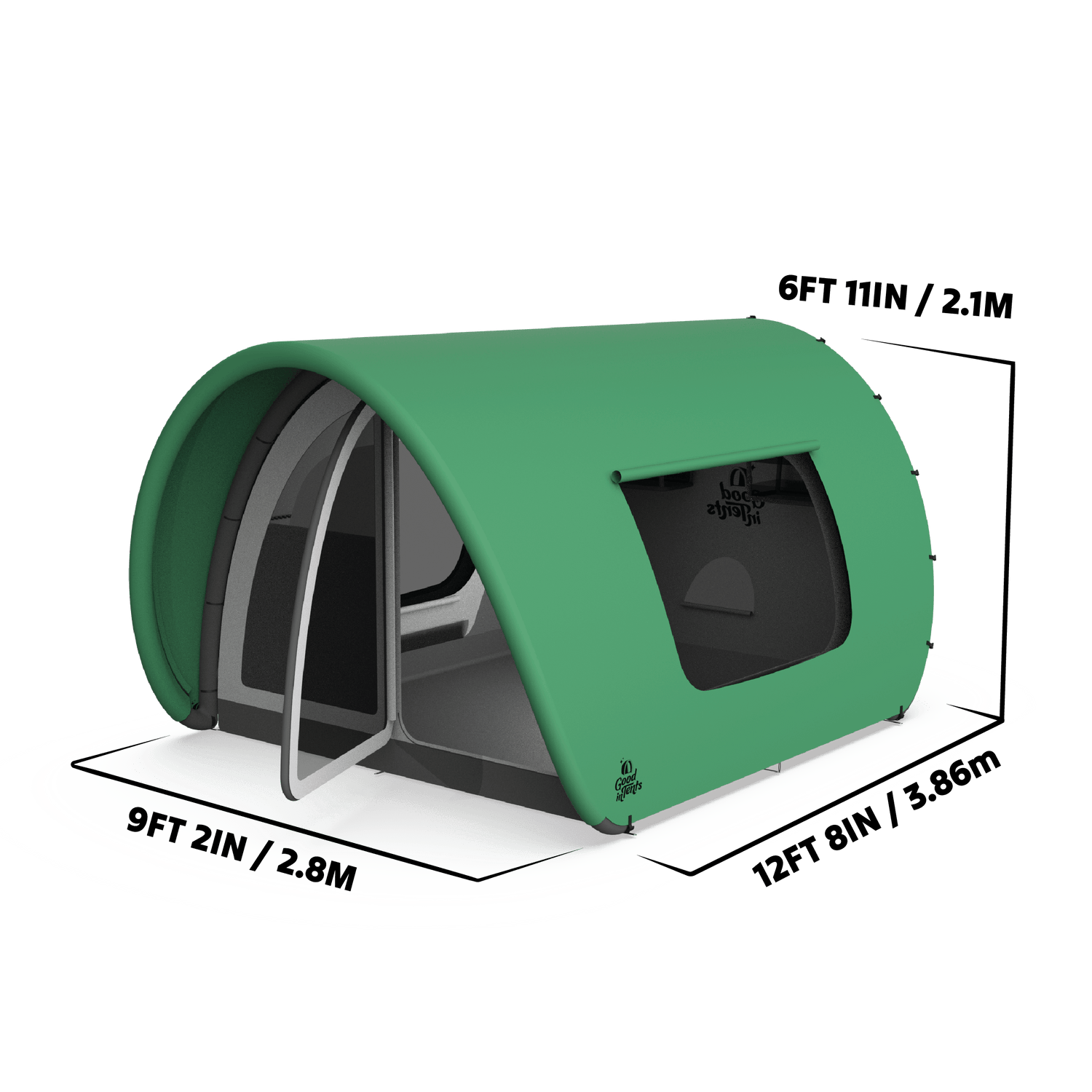 Image of an All Green Tent with its dimensions - 9.2 feet wide by 12.8 feet deep 