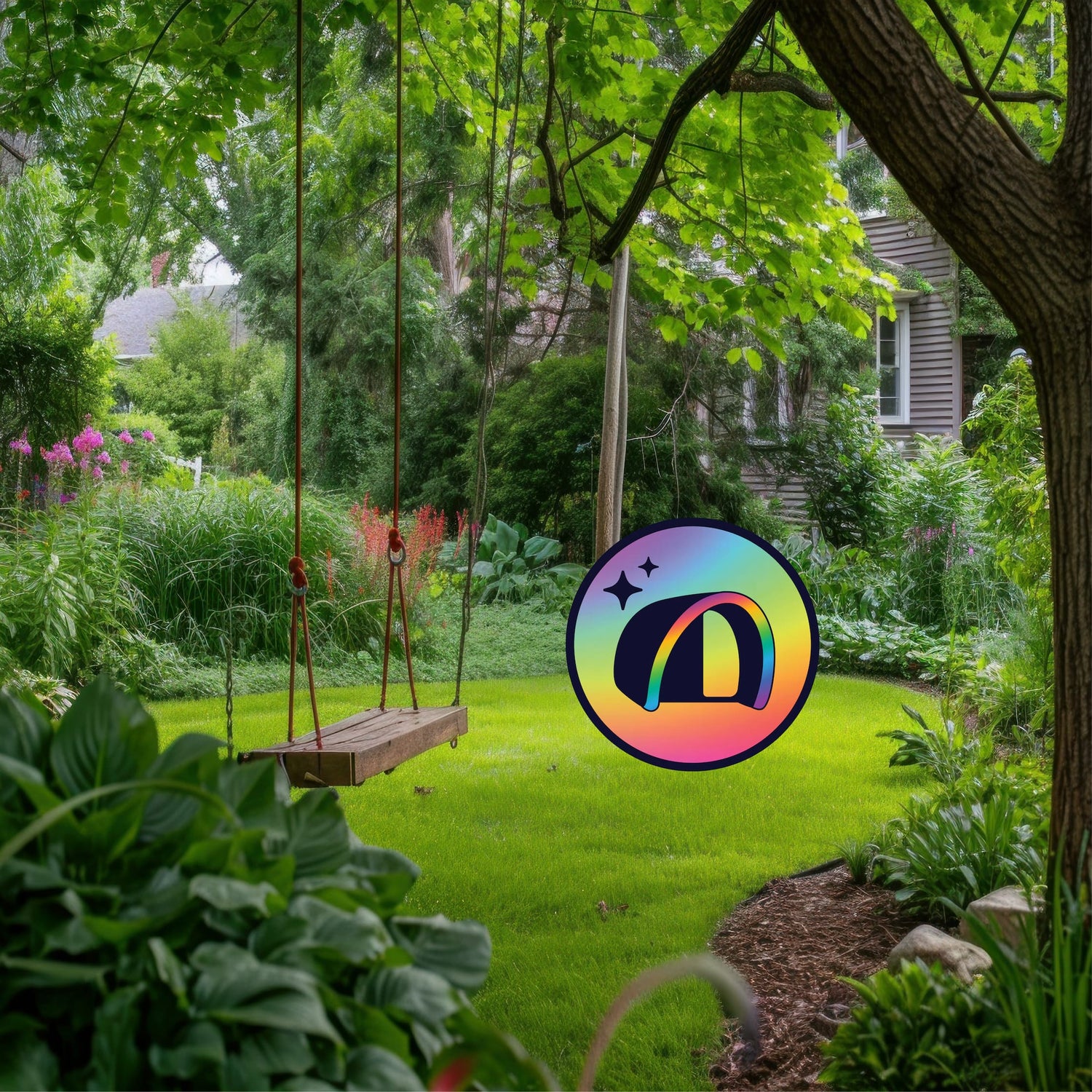 Backyard garden with green grass, swing and Good inTents Circle Logo