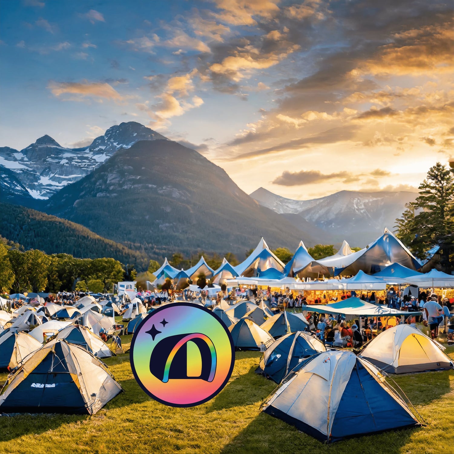 Mountain festival with old style tents and the Good inTents Circle Logo