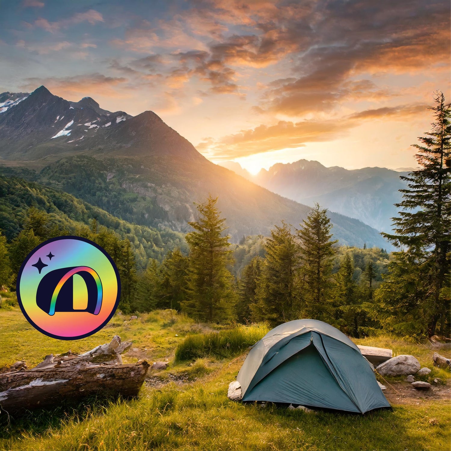 Green grass meadow in the mountains with a peak, and old style tent and the Good inTents Circle Logo