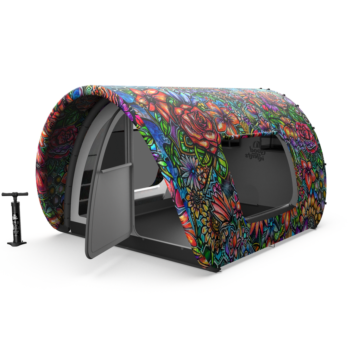 Kiss from a Rose fine-art canopy OmegaTent inflatable glamping tent, shown open with the manual pump