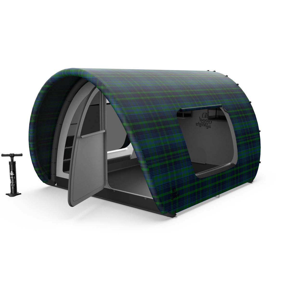 On the Line fine-art canopy OmegaTent inflatable glamping tent, shown open with the manual pump