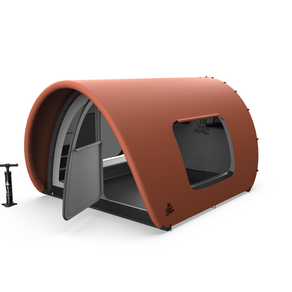 Red Rocks fine-art canopy OmegaTent inflatable glamping tent in Colorado sunrise coral tones, shown open with the manual pump